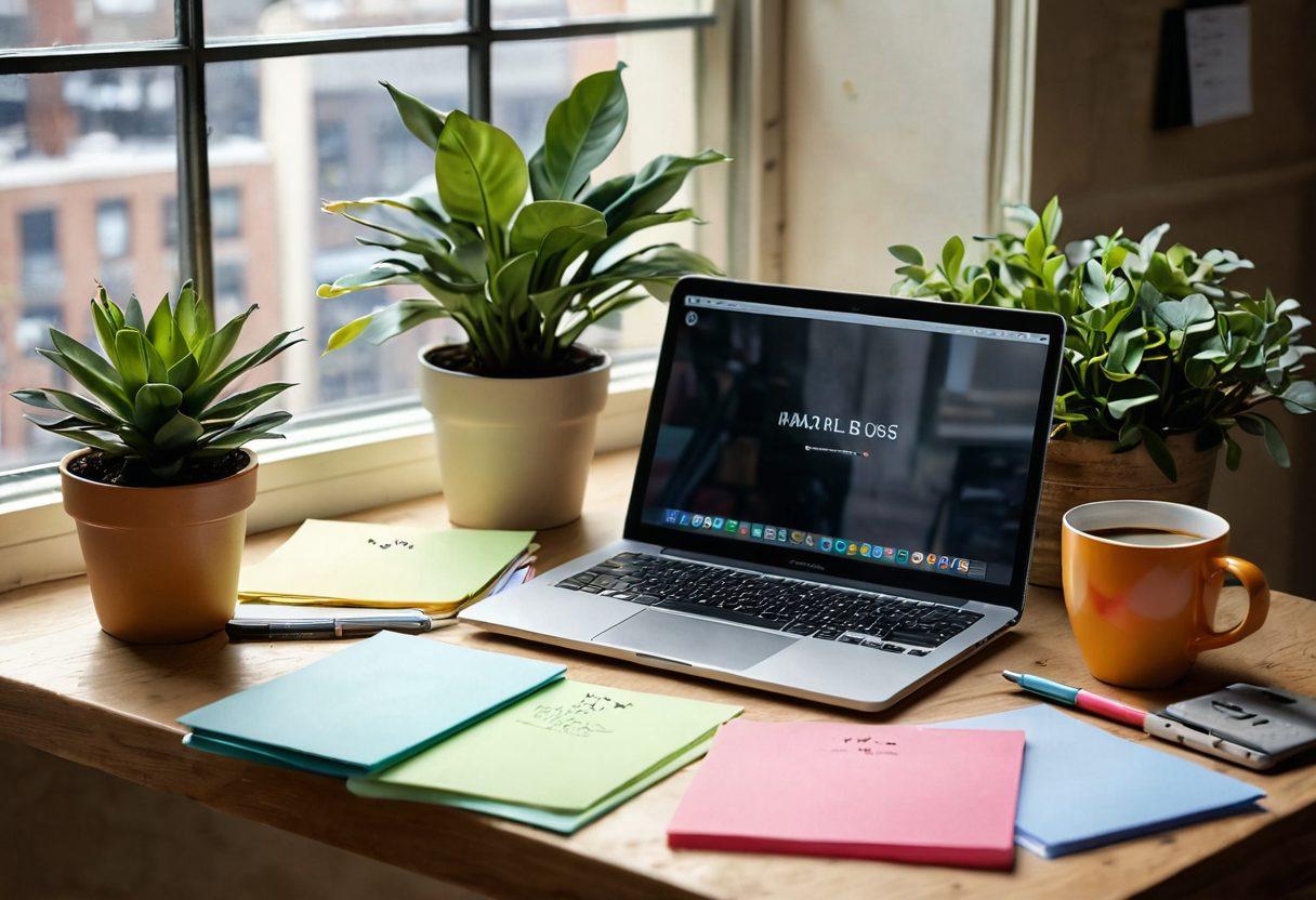 A serene workspace featuring a cozy desk with an open laptop, a steaming coffee mug, and colorful stationery. Surrounding the desk are inspirational quotes on sticky notes, a potted plant, and soft natural light streaming through a window, symbolizing creativity and personal growth. Include a stack of journals and a digital tablet displaying a blog interface. super-realistic. warm tones. inviting atmosphere.