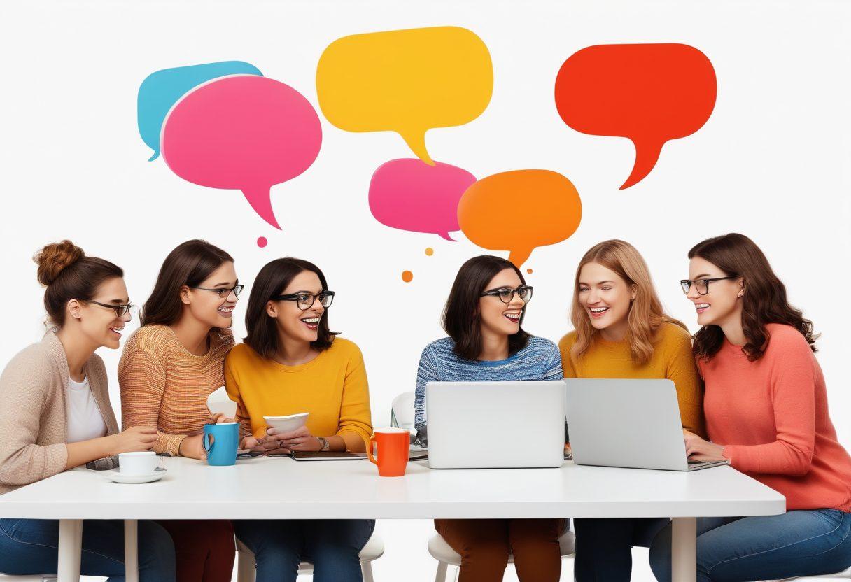 A vibrant digital landscape depicting a diverse group of bloggers engaging with one another, with colorful speech bubbles symbolizing ideas and thoughts flowing between them. Incorporate elements like laptops, coffee cups, and books to signify collaboration and creativity. Show warm and inviting colors to express a sense of community and connection. super-realistic. vibrant colors. white background.