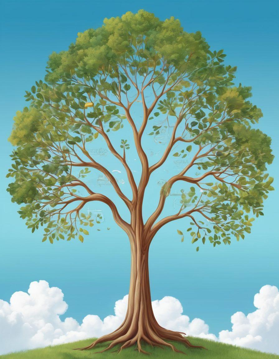 A beautifully illustrated tree with branches extending in various directions, each branch showcasing different blogging niches like travel, food, technology, and lifestyle. The background should depict a serene landscape with bright blue skies and fluffy clouds, symbolizing growth and exploration. Additionally, include soft pastel colors to evoke a sense of creativity and inspiration. vector art. vibrant colors.